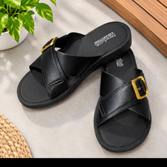 Black Cross-Strap Madicated Golden Buckle Sandals